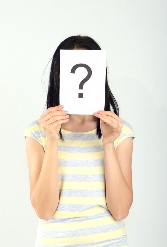 Woman with Question Marks on Grey Background